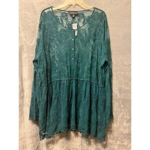 Lane Bryant Teal Lace Babydoll Tunic Top Plus NWT 22/24 Sheer Floral Boho Chic